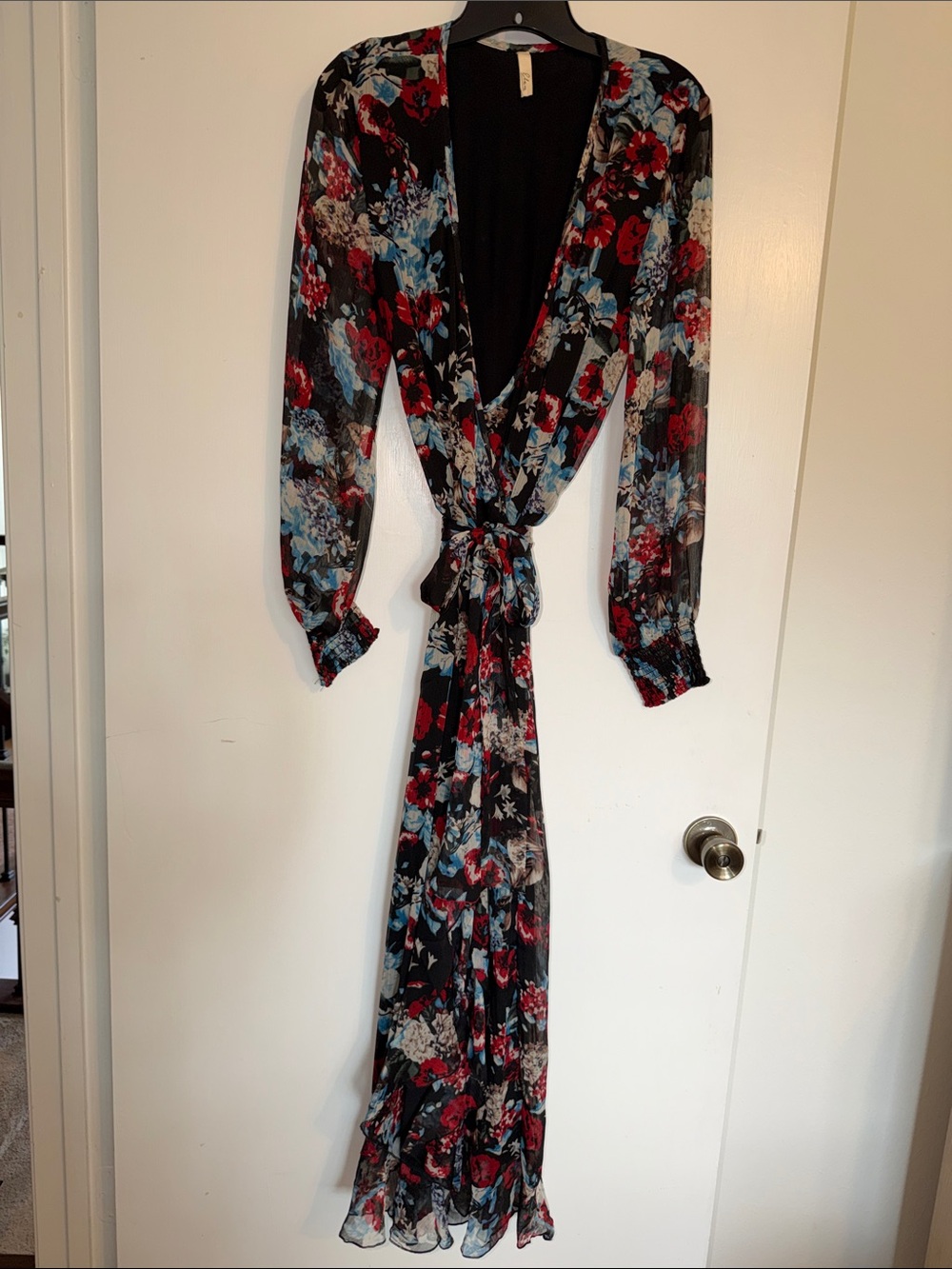 Elan Black Floral Wrap Maxi Dress with Red and Blue Blooms